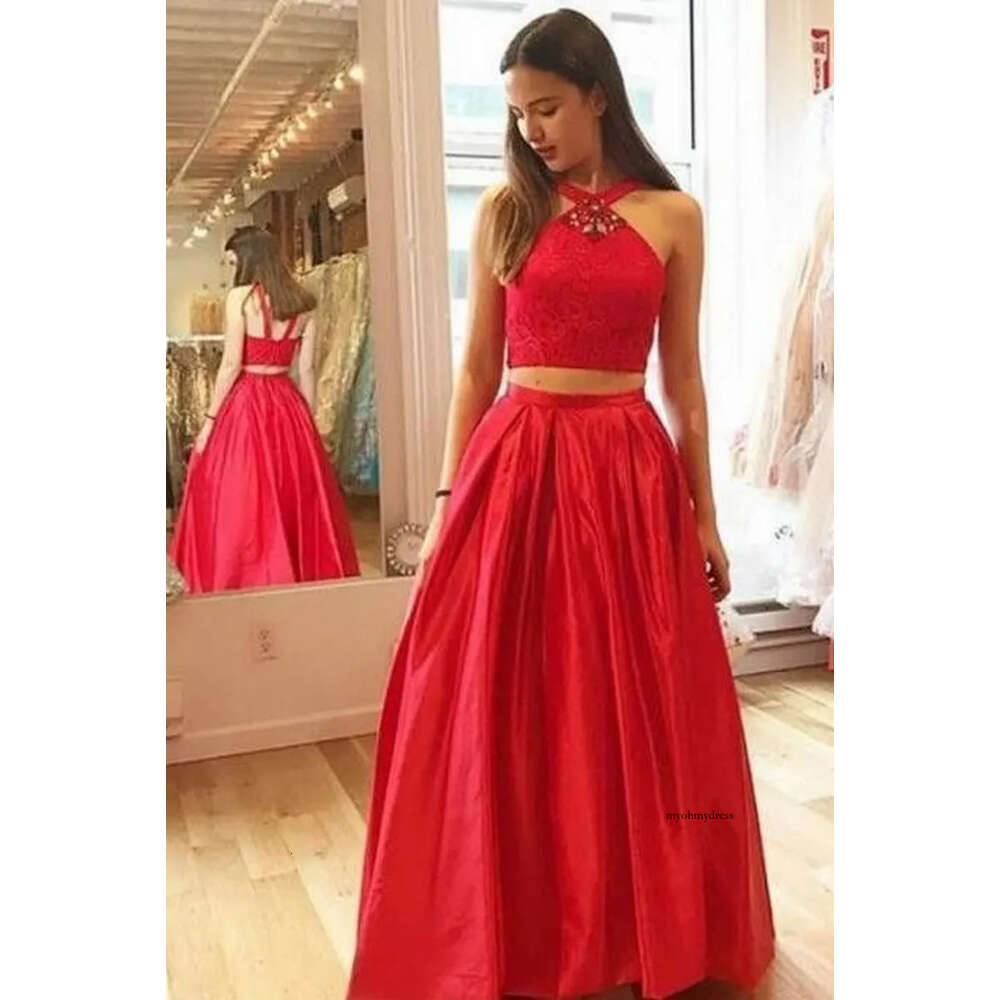 New Red Halter A-Line Two-Pieces Prom 2019 Glamorous Crystal Lace Sleeveless Floor Length Evening Dresses Cheap Party Wear M60 0510