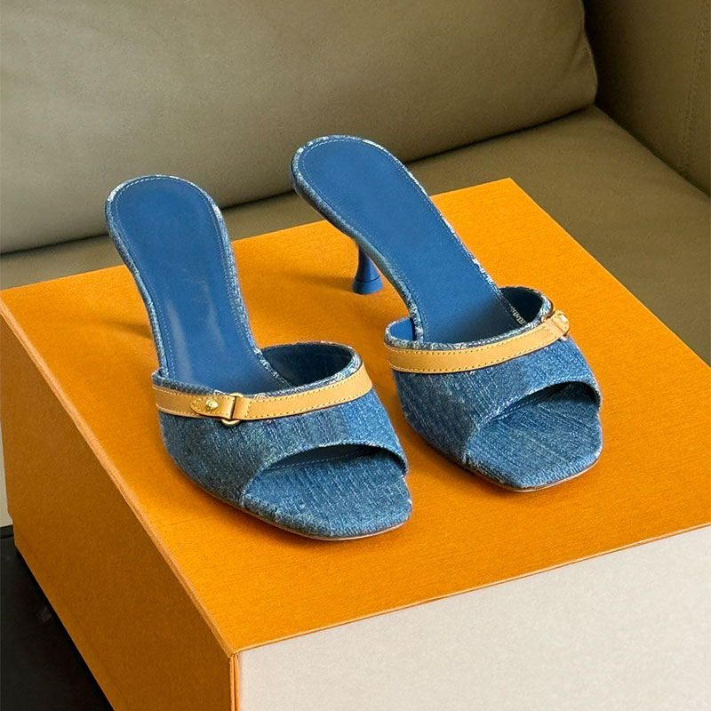 Neo Revival Mule Women Vintage Shoes Blue Denim Slide Sandals Designer Heels Kitten High Heels Slides Slippers Summer Beach Sandal Open Peep Toe Mules Dress Shoes