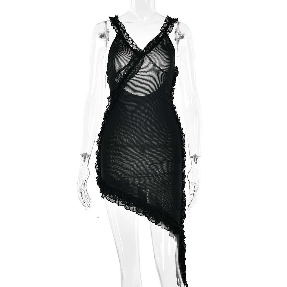 Summer New V-Neck Strap Dress Women's Fashion Sexy Open Back Panel Ruffle Short Skirt F51047