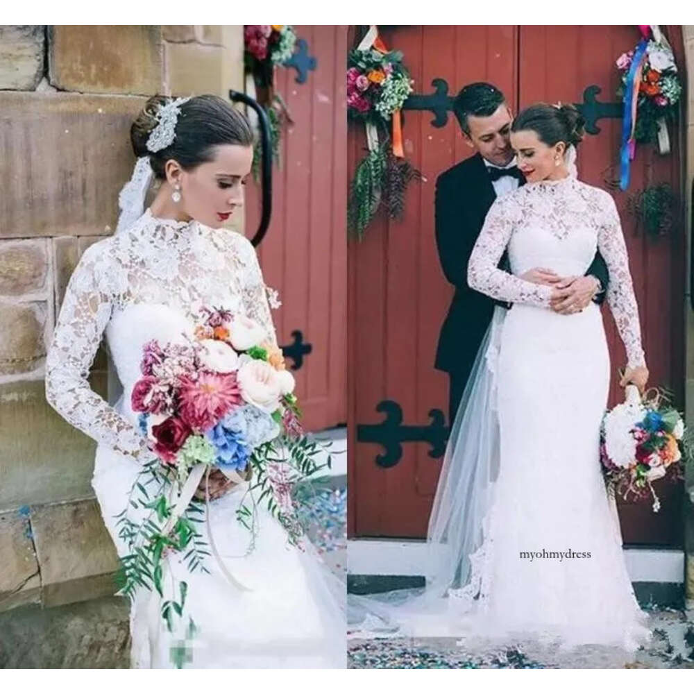 Long Sleeve High Neck Dresses Lace Floor Length Mermaid Modest Design Bridal Gowns For Outdoor Wedding 2019 Custom Made 93 0510