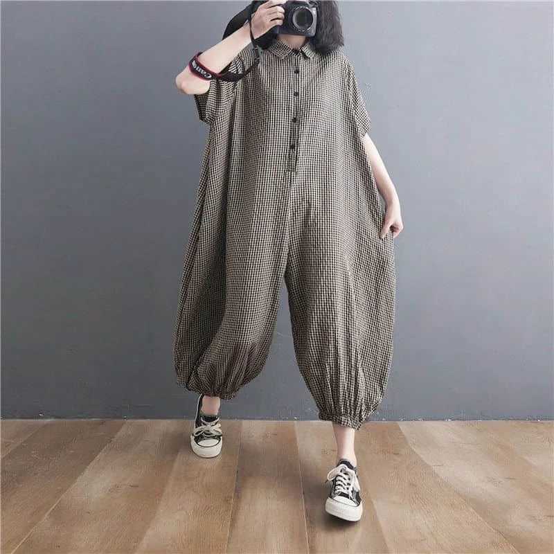 Women's Jumpsuits Rompers Cotton Linen Jumpsuits Casual Summer Polo-neck Plaid Short Slve Korean Fashion One Piece Outfits Women Clothing Loose R