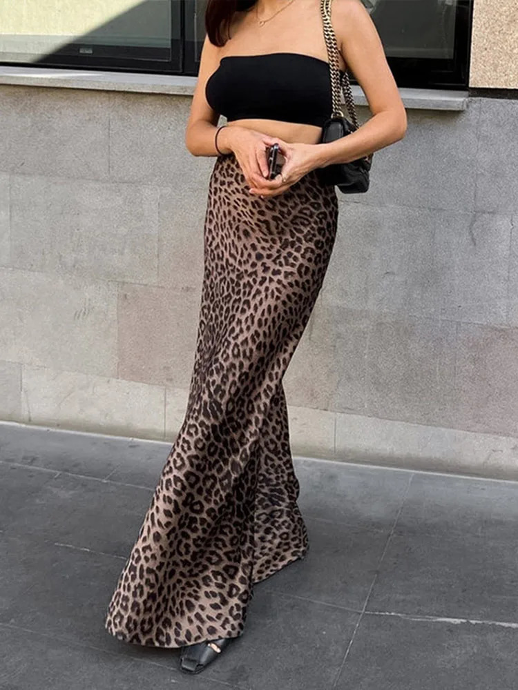 Vintage Leopard Print Trumpet Skirts Female 2024 Street Chic High Waist Long Skirt Spring Office Slim Zipper 240508