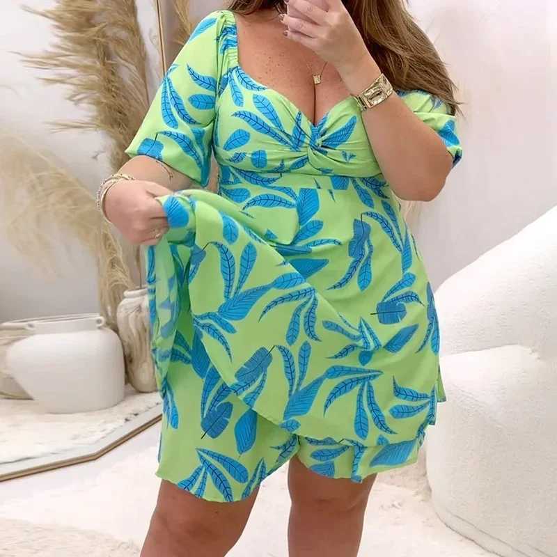 Plus size Dresses KUCLUT Womens Plus Size Mini Dress Summer Casual Loose Ruffled Waist Fit Print V-neck Short Puff Slive Dress Y240510