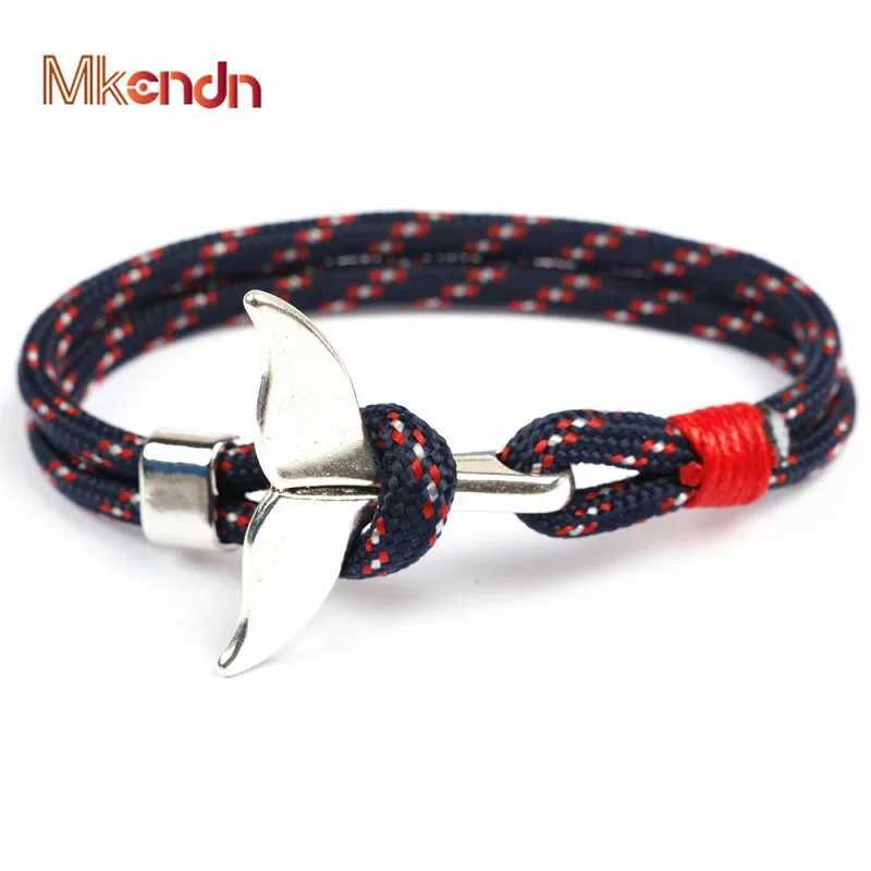 Charm Bracelets MKENDN Fashion Whale Tail Anchor Bracelets Men Women Charm Nautical Survival Rope Chain Paracord Bracelet Male Wrap Metal Hooks Y24051