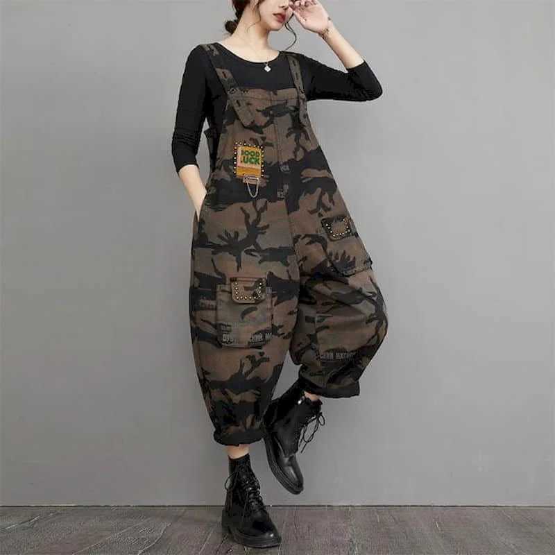 Women's Jumpsuits Rompers Denim Jumpsuits for Women Large Size One Piece Outfit Women Camouflage Romper Loose Korean Fashion Pocket Casual Vintag