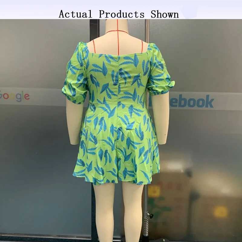 Plus size Dresses KUCLUT Womens Plus Size Mini Dress Summer Casual Loose Ruffled Waist Fit Print V-neck Short Puff Slive Dress Y240510