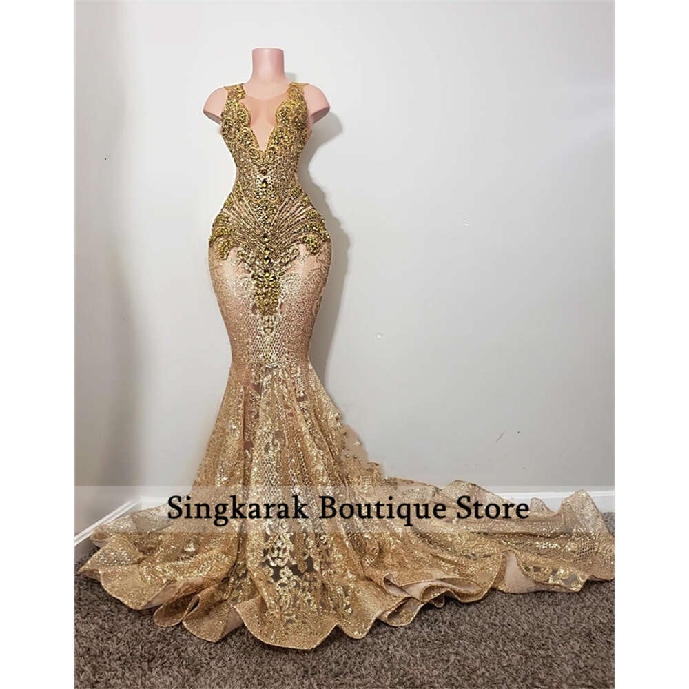 Gold Dias Long Prom Dresses 2024 Sparkly Beads Rhie Crystal Sequins Birthday Party Gown special Reception Robe