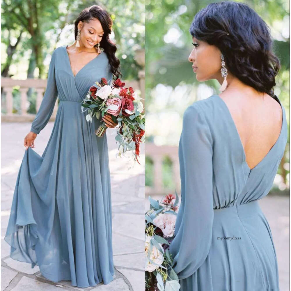 Romantic Bohemian Bridesmaid Long Sleeve Boho Wedding Guest Dress Chiffon Gowns Maid Of Honor Dresses For Weddings V Neck Plus Size 0510