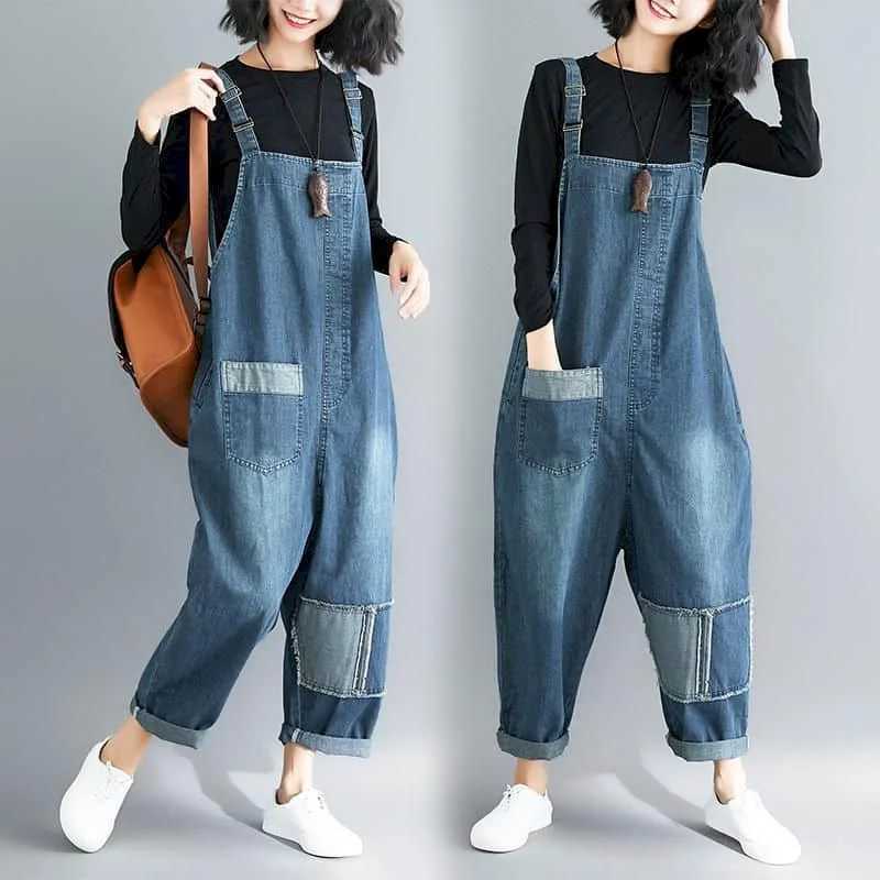 Women's Jumpsuits Rompers Denim Jumpsuits for Women Korean Style Rompers Solid Casual Vintage Playsuits Harem Pants Workwear Pocket Design Women 