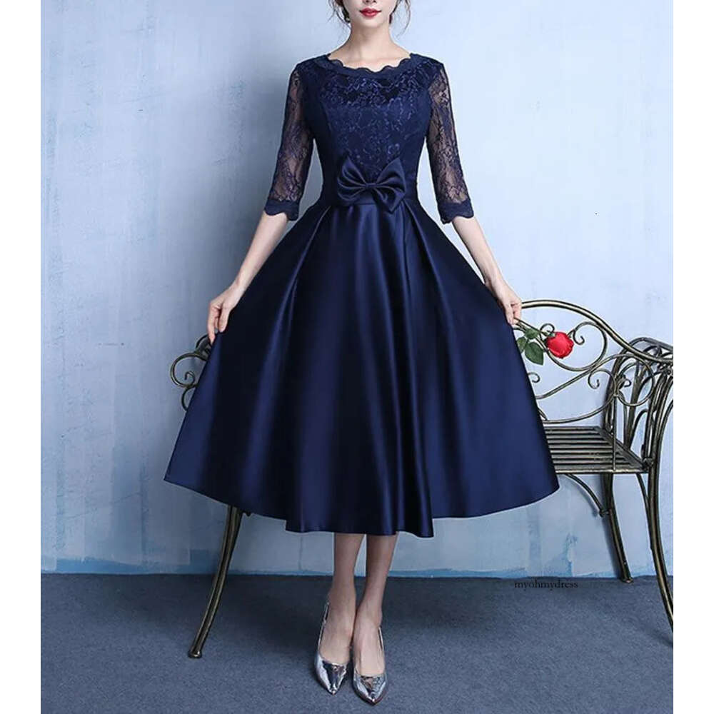 Elegant Satin With Lace Tea Length Mother Of The Bride Detachable Bow Wedding Party Half Sleeves Evening Dresses 138 0510
