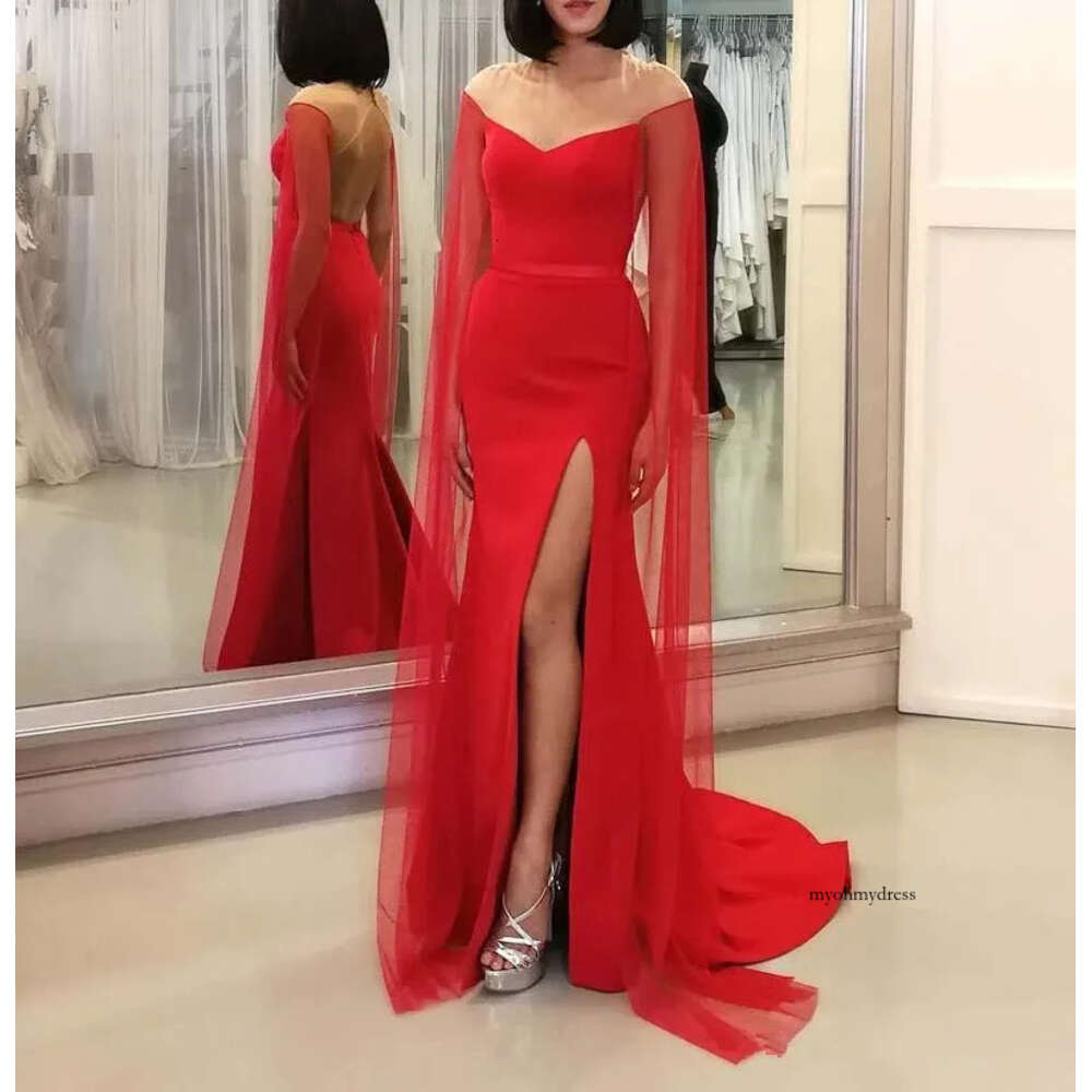 Sexy Red Backless Mermaid 2019 Caped High Split Cheap Satin Arabic Formal Dresses Party Evening Wear Prom Gowns 54 0510