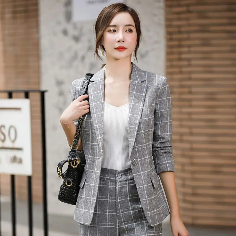 Plaid Splice Slim Fit Jacket Blazer Casual Wide Leg Pants Two Piece Elegant Womens Suit Summer Office Business Set Outfit 240428