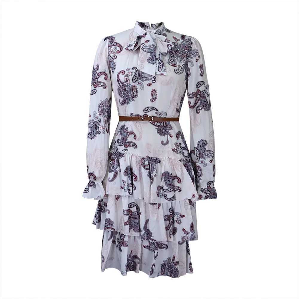 Plus size Dresses Autumn Africa fashion design womens floral dress with belt plus size bow collar latest elegance ladys causal dress Y240510