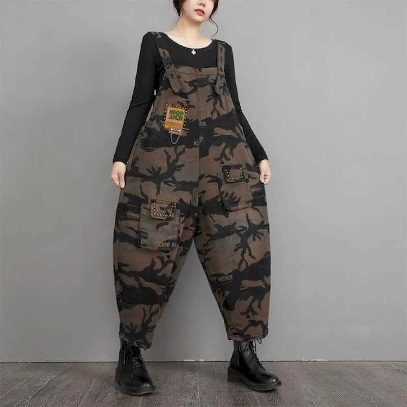 Women's Jumpsuits Rompers Denim Jumpsuits for Women Large Size One Piece Outfit Women Camouflage Romper Loose Korean Fashion Pocket Casual Vintag