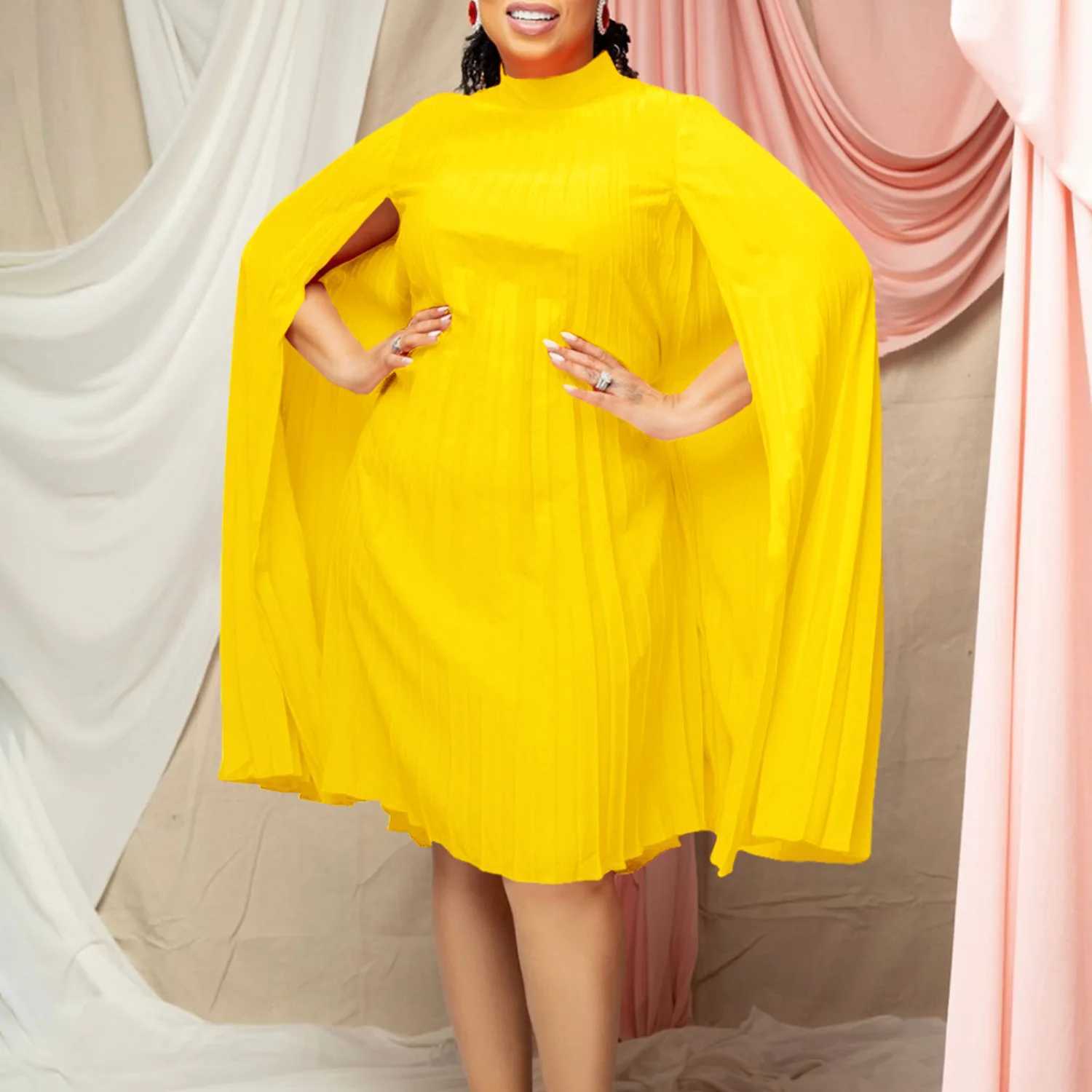 Plus size Dresses Spring Elegant Cloak For Women Long Batwing Slve Short Dresses For Women O Neck Pleated Top Dress Women plus size Y240510