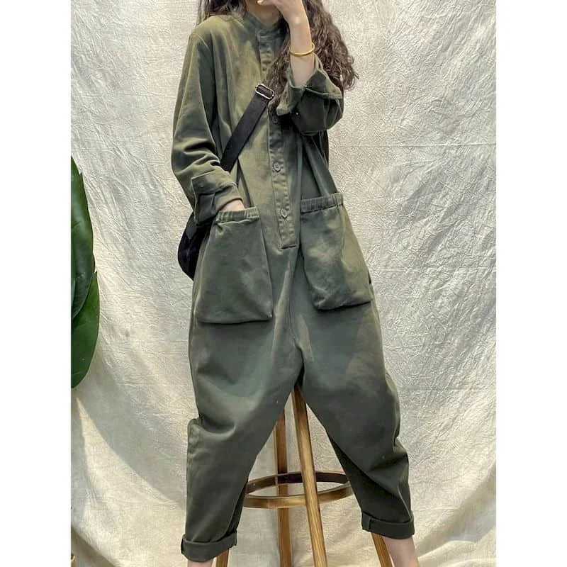 Women's Jumpsuits Rompers Solid Jumpsuits for Women Long Slve Round Neck Loose Harajuku Straight Pants Casual Workwear Korean Style Vintage Plays