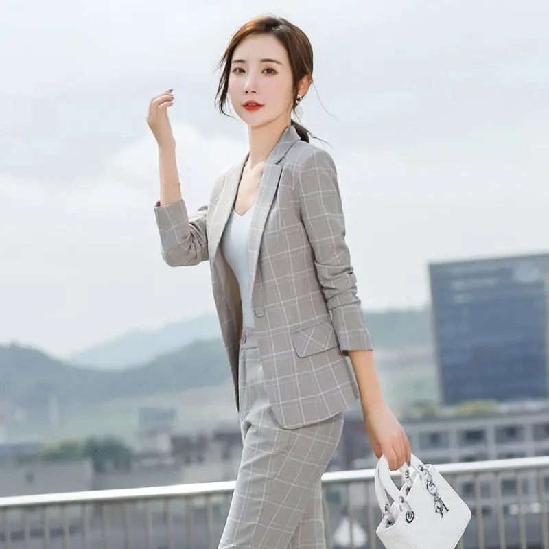 Plaid Splice Slim Fit Jacket Blazer Casual Wide Leg Pants Two Piece Elegant Womens Suit Summer Office Business Set Outfit 240428