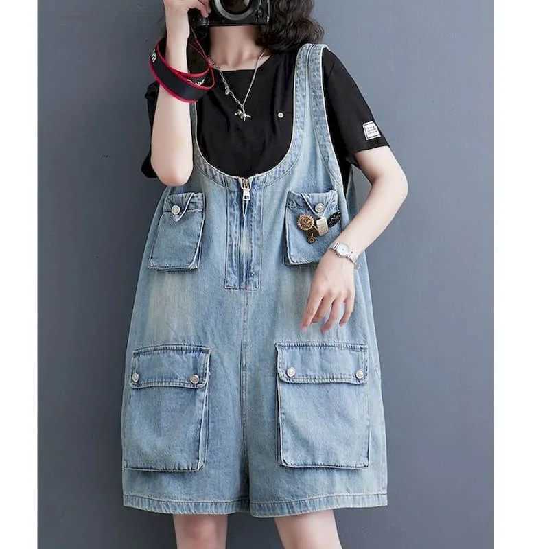 Women's Jumpsuits Rompers Denim Jumpsuits Korean Fashion Playsuits One Piece Outfits Women Clothing Oversized Five-point Shorts Big Pocket Wide L