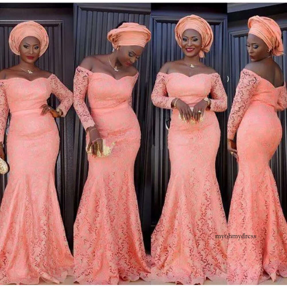 Aso Ebi Formal Evening Long Sleeves Off Shoulder Mermaid Coral Lace Prom Dresses Plus Size Arabic Mother Of The Bride Gowns 06 0510