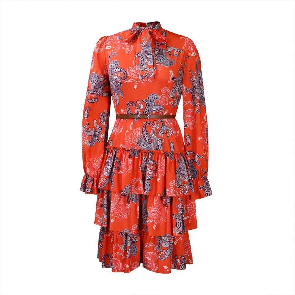 Plus size Dresses Autumn Africa fashion design womens floral dress with belt plus size bow collar latest elegance ladys causal dress Y240510