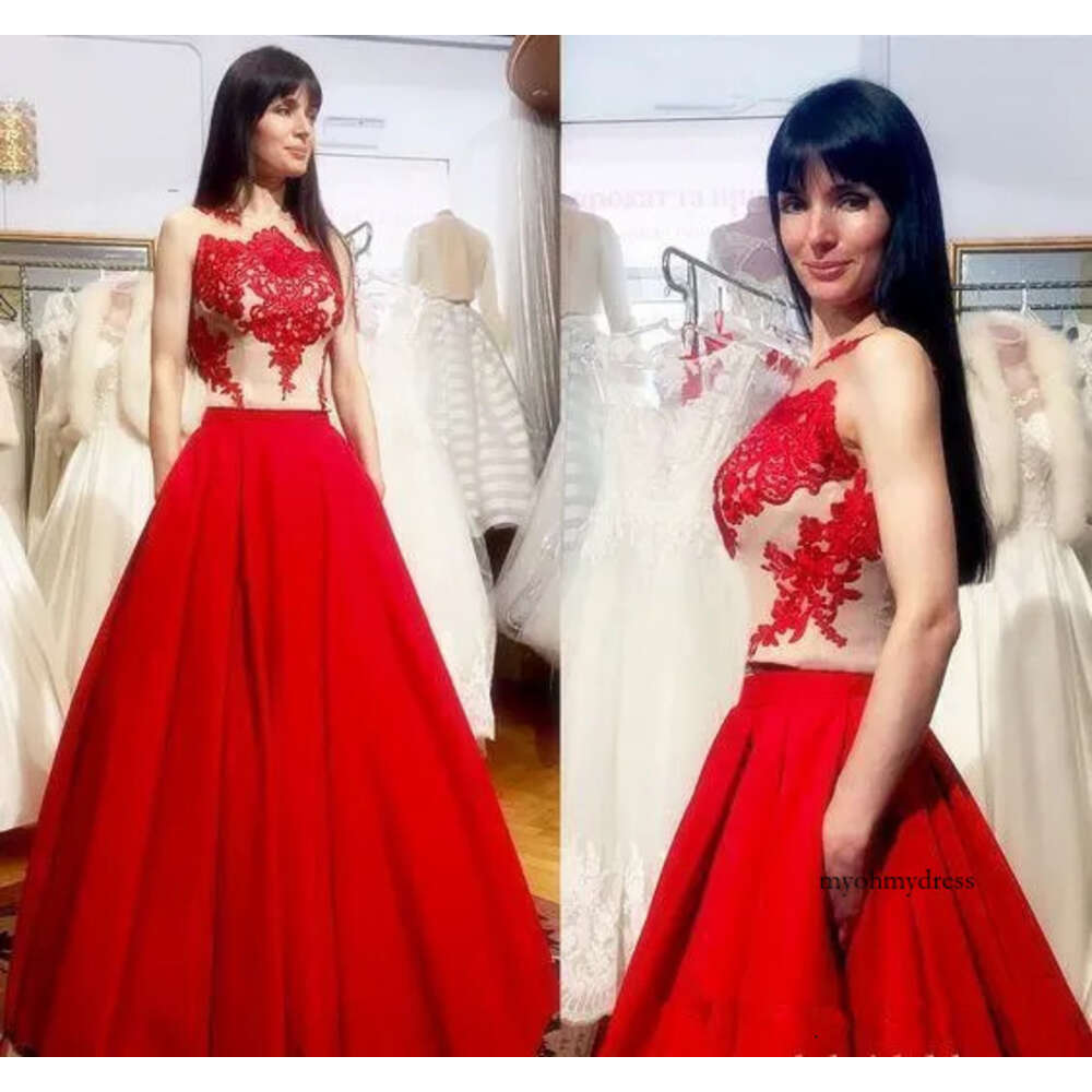 Vintage 2019 Red Satin Lace Illusion Long Prom Sleeveless A Line Floor Length Formal Evening Dresses New Party Gowns 32 0510
