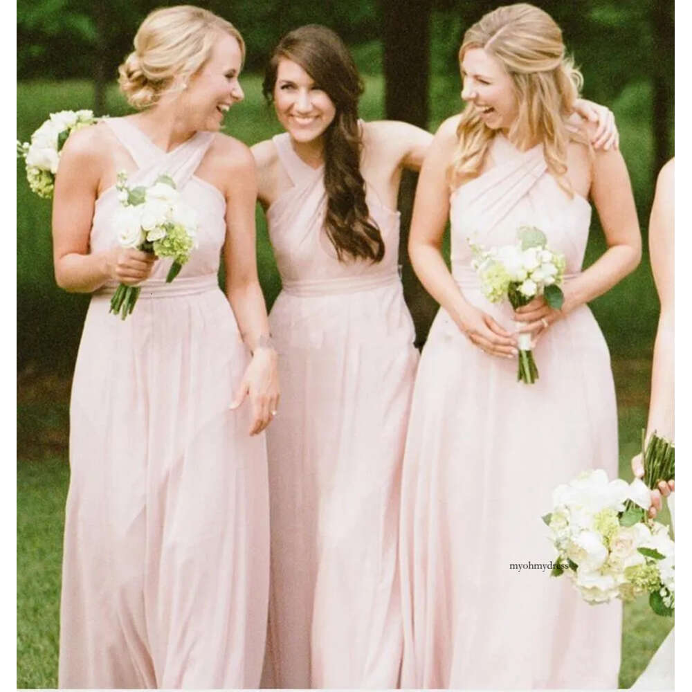 Sexy Setwell A -Line Bridesmaid Dresses Criss Cross Straps Floor Length Pleated Simple Long Chiffon Maid Of Honor Gowns P57 0510