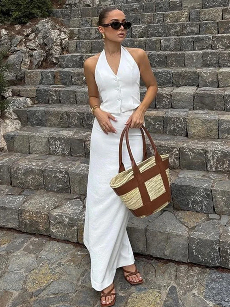 Fashion Sleeveless Halter Tops Hip Package Long Skirt 2 Pieces Set Suit Skirts Sets Women Elegant 2024 Summer Lady Street Outfit 240509