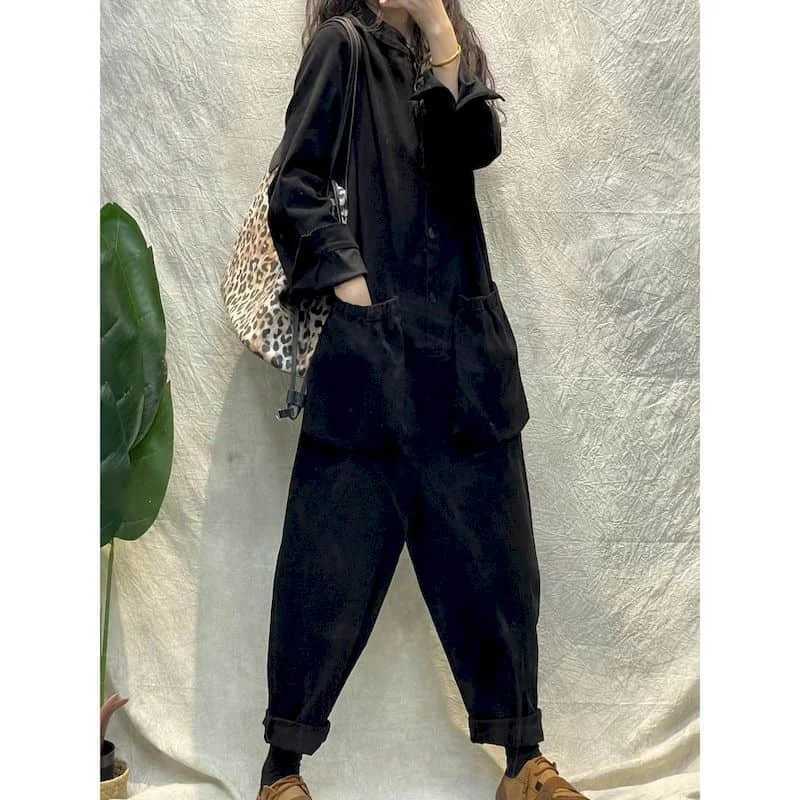 Women's Jumpsuits Rompers Solid Jumpsuits for Women Long Slve Round Neck Loose Harajuku Straight Pants Casual Workwear Korean Style Vintage Plays