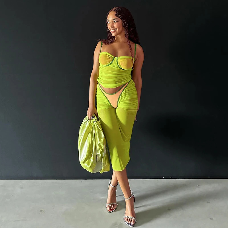 BUILDINGB 2024 Spaghetti Strap Bodycon Sexy Dress Set Sleeveless Top And Skirt Summer Set Two Piece Mesh Patchwork Transparent C 240510