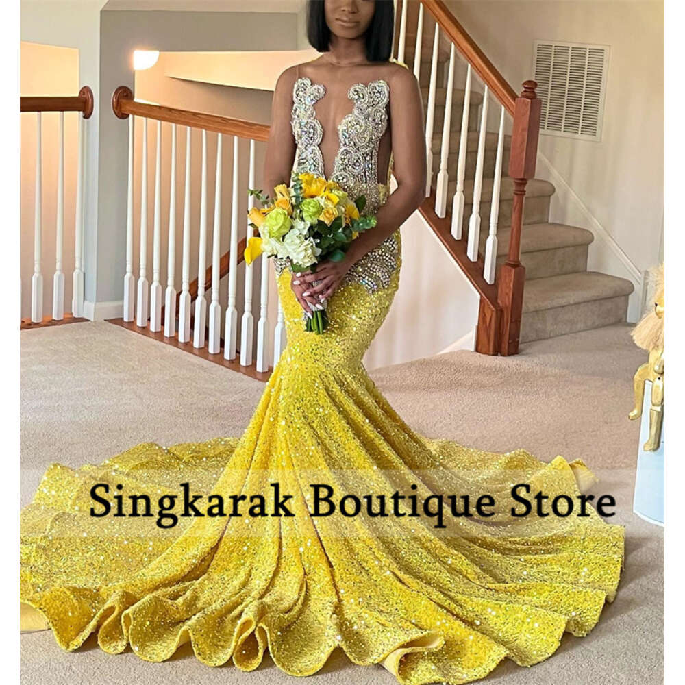Sparkly Yellow Mermaid Prom 2024 Beads Crystal Rhinestones Graduation Party Dress Birthday special Reception Robe De Bal