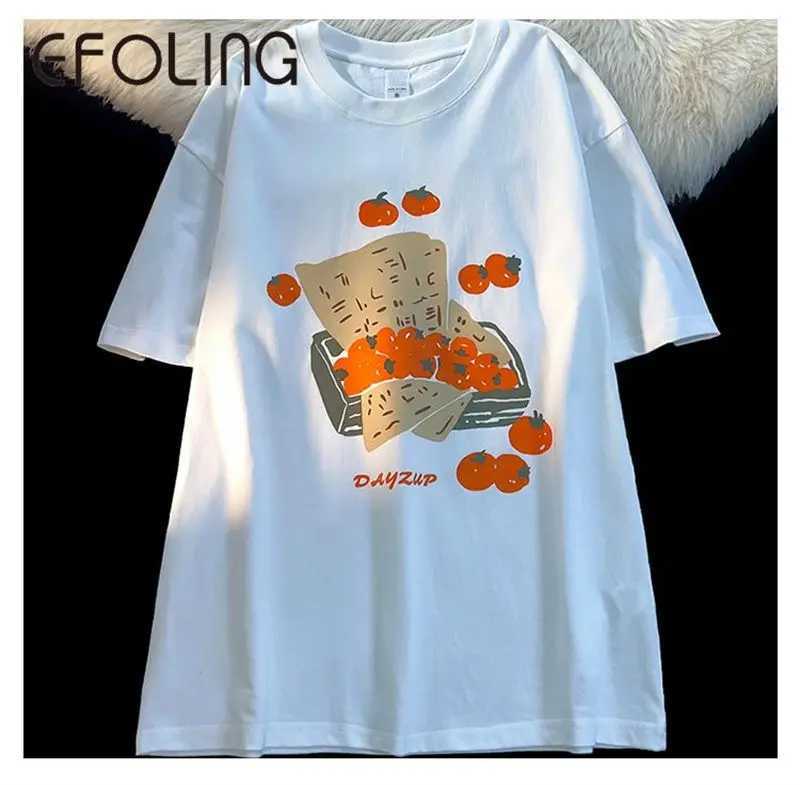 Women's T-Shirt Vintage Oil Painting Fruit Persimmon T-shirt Fashion Strtwear Short Slve Tops Casual Summer Cotton T Cute Cartoon Harajuku Y24050