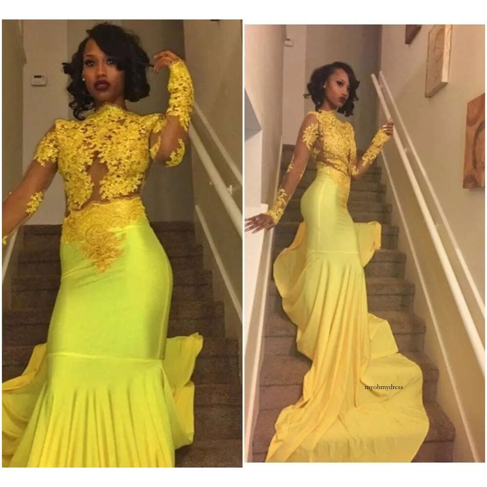 Long Sleeve African Girl Mermaid Evening Party Dresses Lace Flowers Yellow Prom Graduation Gold Pageant Gowns Illusion 0510