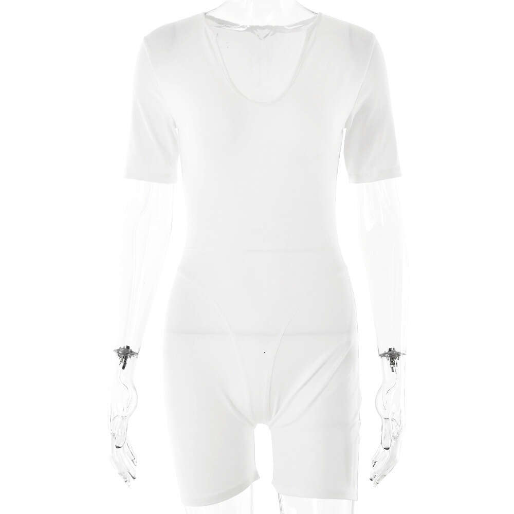 Sexy tight fitting jumpsuit hot selling in spring and summer, fashionable short sleeved V-neck patchwork bottom shirt for women F51034