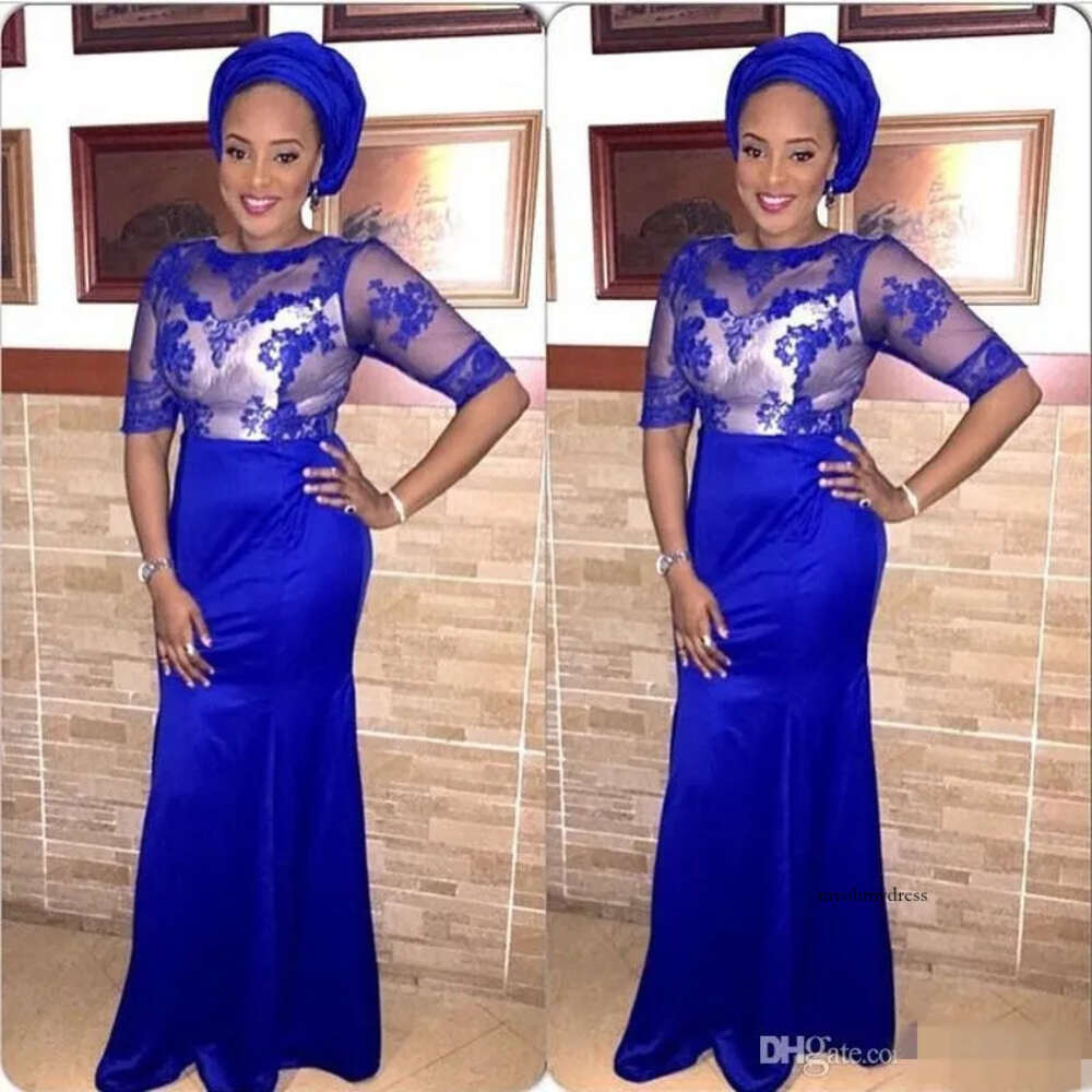 Vintage Lace Appliques Royal Blue Mermaid With 1/2 Long Sleeves Africa Arabic Formal Dresses Evening Wear Mm49 0510
