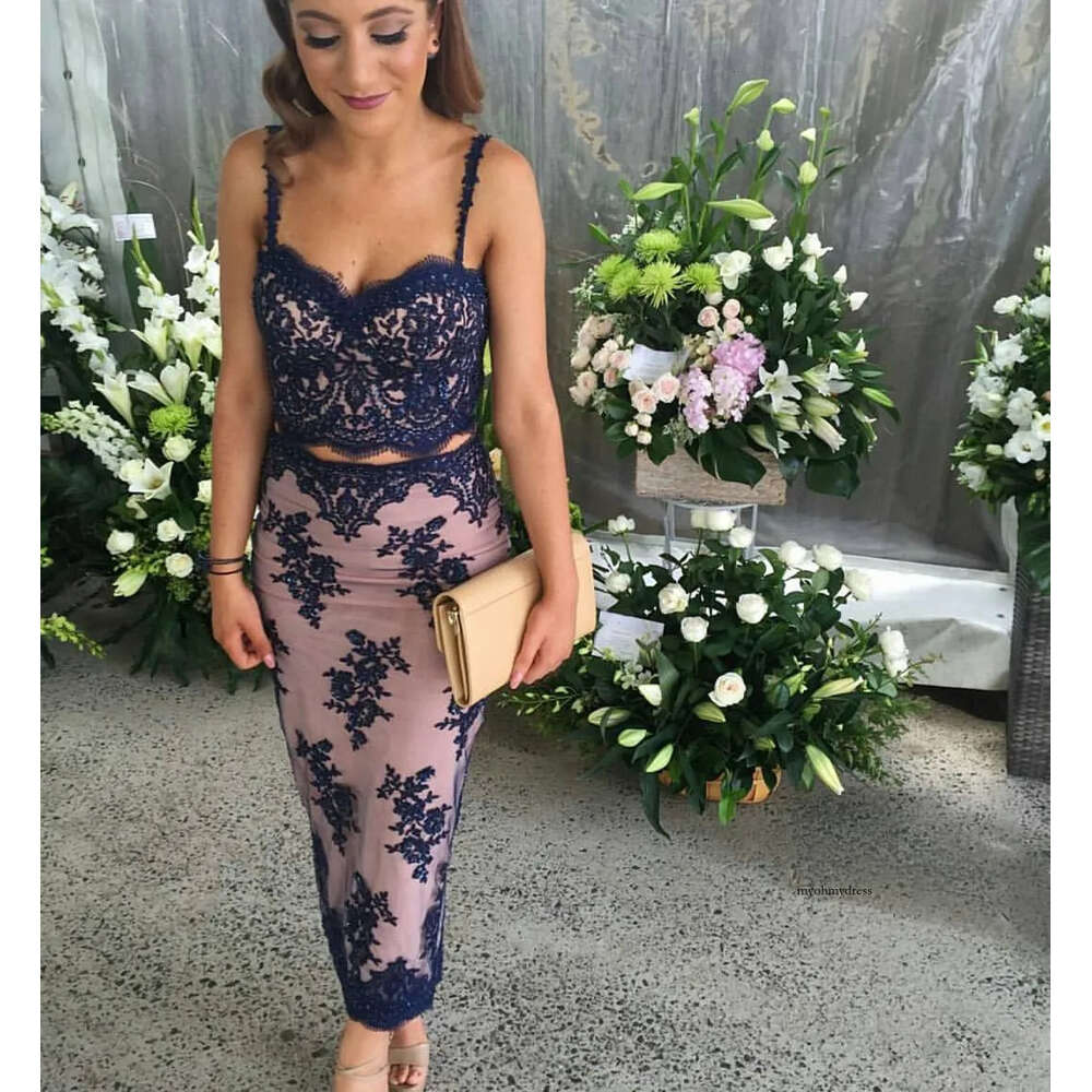 Two Piece Prom Formal Applique Party Dresses Spaghetti Lace Skirt 2 Pieces Evening Gowns Ankle Length Tail Dress 0510