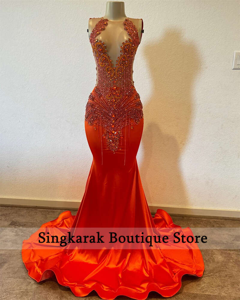 Sparkly Orange Diamonds Prom Dresses Crystal Beading Rhinestones Tassels Birthday Party special Reception Gown Robes