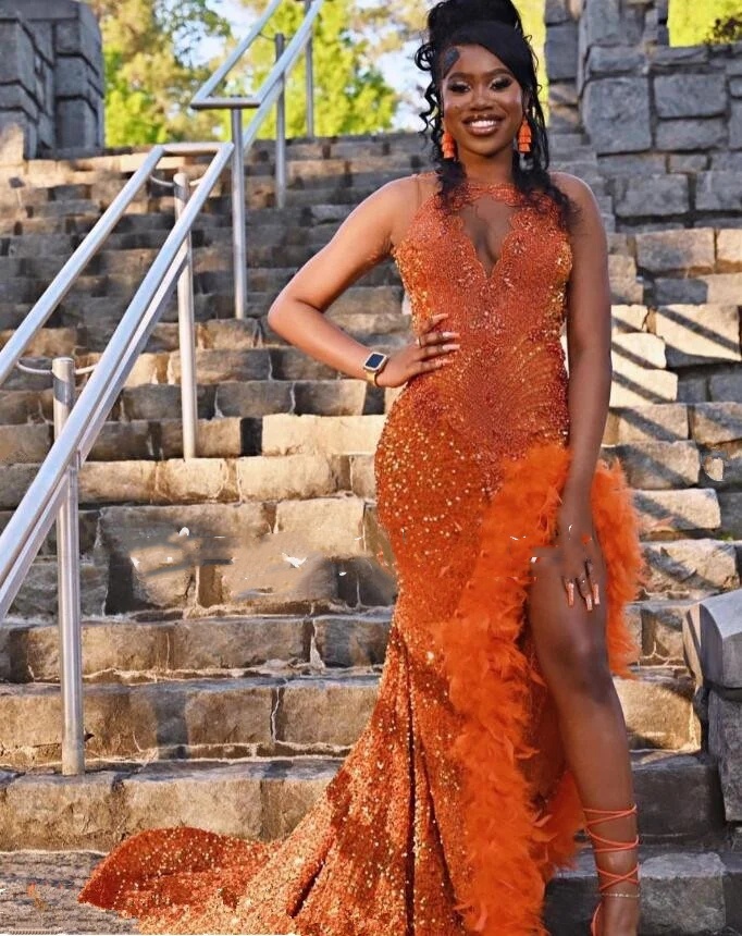 Orange African Evening Reception Dresses for Women Sparkly Dia Feather Veet Slit Prom Gown Black Girl
