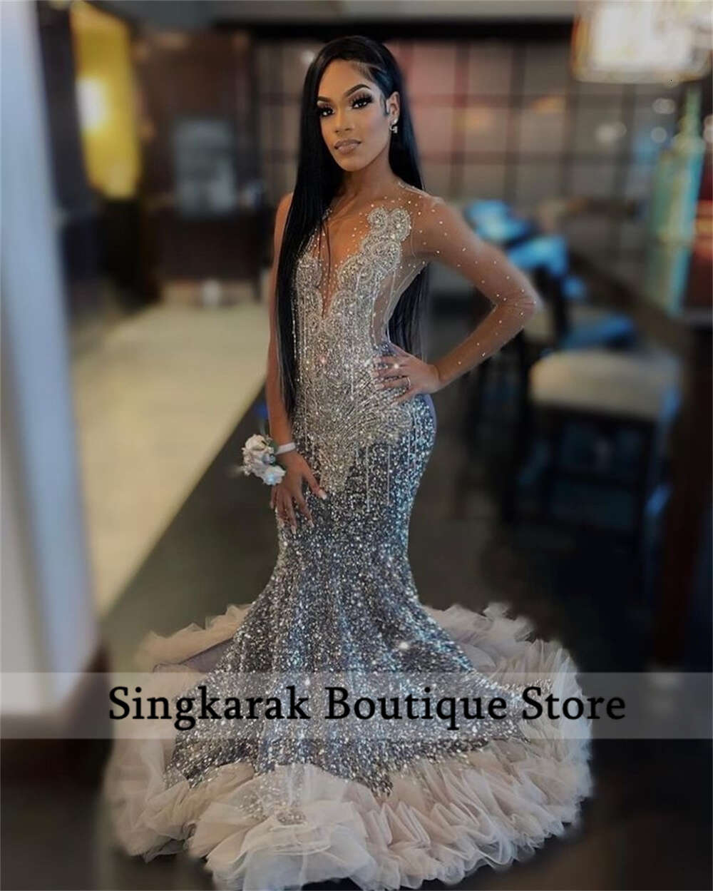 Sparkly Dias Prom Dress 2024 For Black Girls Mesh Sleeves Glitter Crystal Ruffle Bead Evening Party Gown Robe