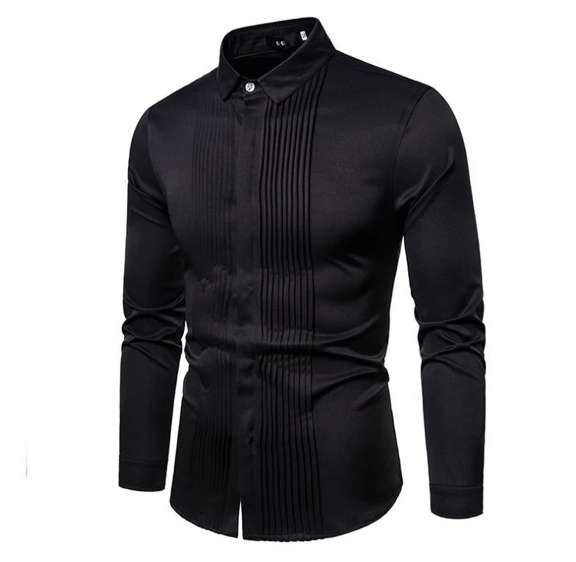New mens long sleeved shirt British style lapel pleated mens uniform dress shirt bottom shirt 220322