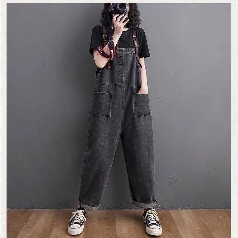 Women's Jumpsuits Rompers Black Denim Jumpsuits for Women Korean Style Solid Playsuit Wide Leg Pants Loose Trousers Oversized Overalls for Women 