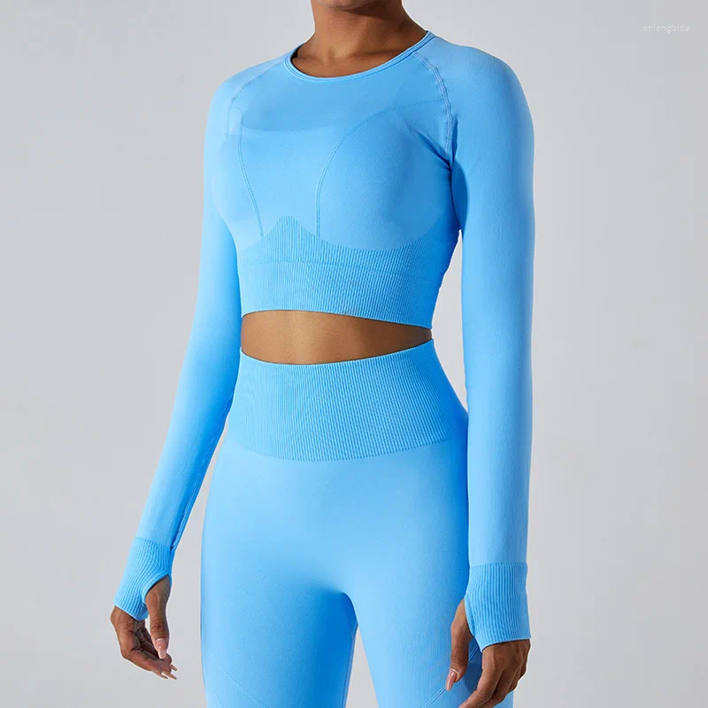Active Shirts Women Seamless Yoga Crop Top Long Sleeves For Sports Fitness Gym Clothing Workout Tops