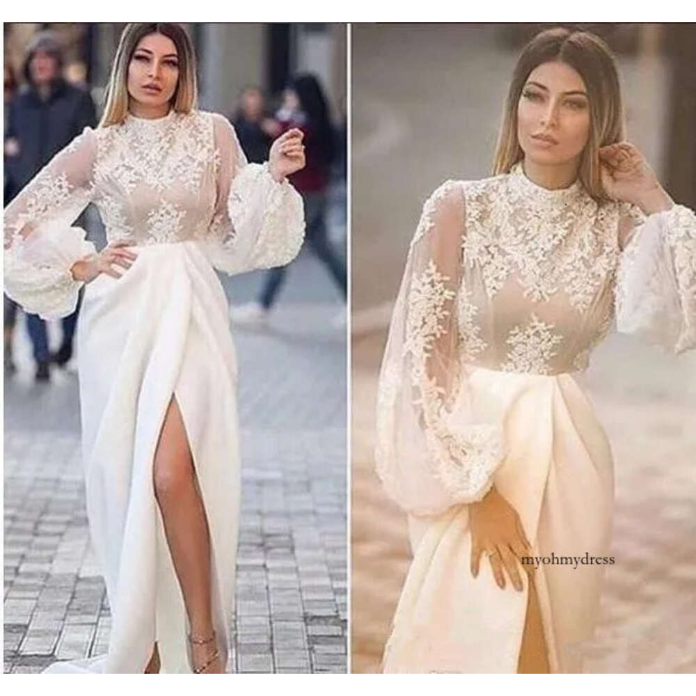 New Dress High Collar Lace Applique Illusion Long Sleeves Formal Party Gowns Side Split Sexy Evening Prom Dresses M95 0510