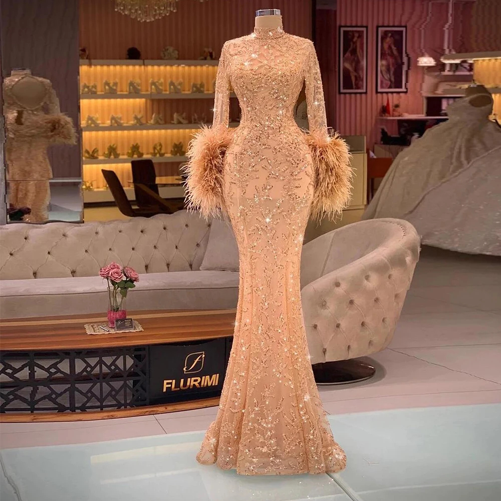 Glitter Beaded Mermaid Prom Dresses Feathers Long Sleeves Formal Evening Gowns High Neck Open Back Elegant Arabic Dubai Pageant Dress Bride Reception 