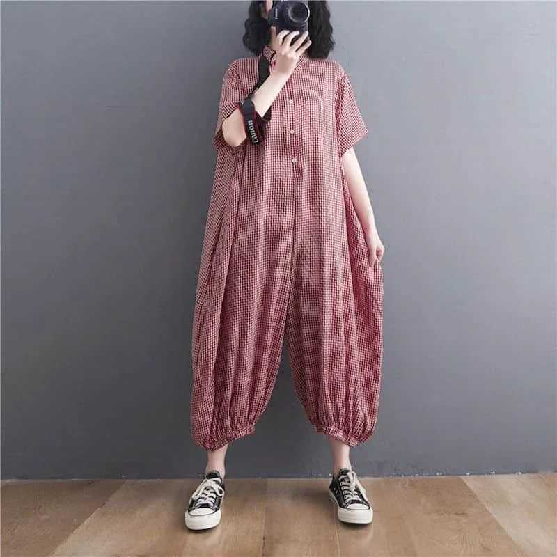Women's Jumpsuits Rompers Cotton Linen Jumpsuits Casual Summer Polo-neck Plaid Short Slve Korean Fashion One Piece Outfits Women Clothing Loose R