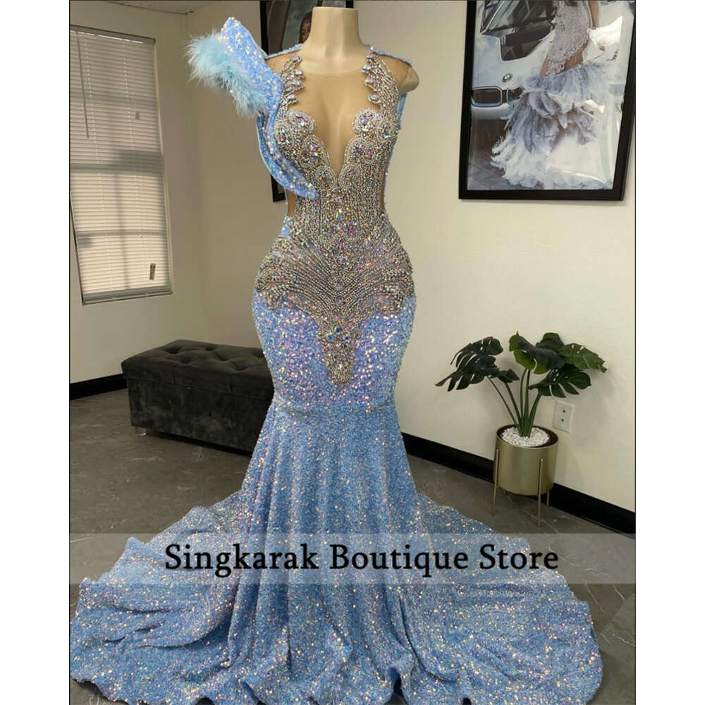 Sparkly Dimoands Baby Blue Prom Beads Crystal Rhinestones Feathers Graduation Party Dress Birthday special Reception Robe