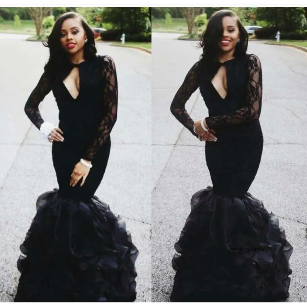 Lace Sleeve Mermaid Evening Long Party Prom Gowns Keyhole Neckline African Black Girl Fitted Dresses 0510