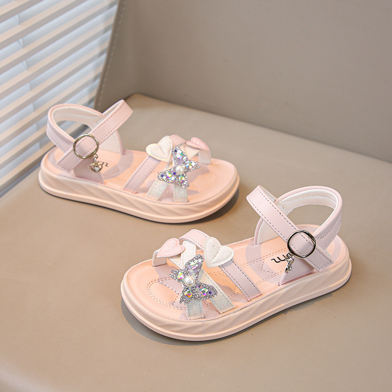 Sandals Girls Sandals Summer Sweet Princess Kids Fashion Princess Solid Children Soft PU Rhinestones Flower Shine Party Shoes 230421