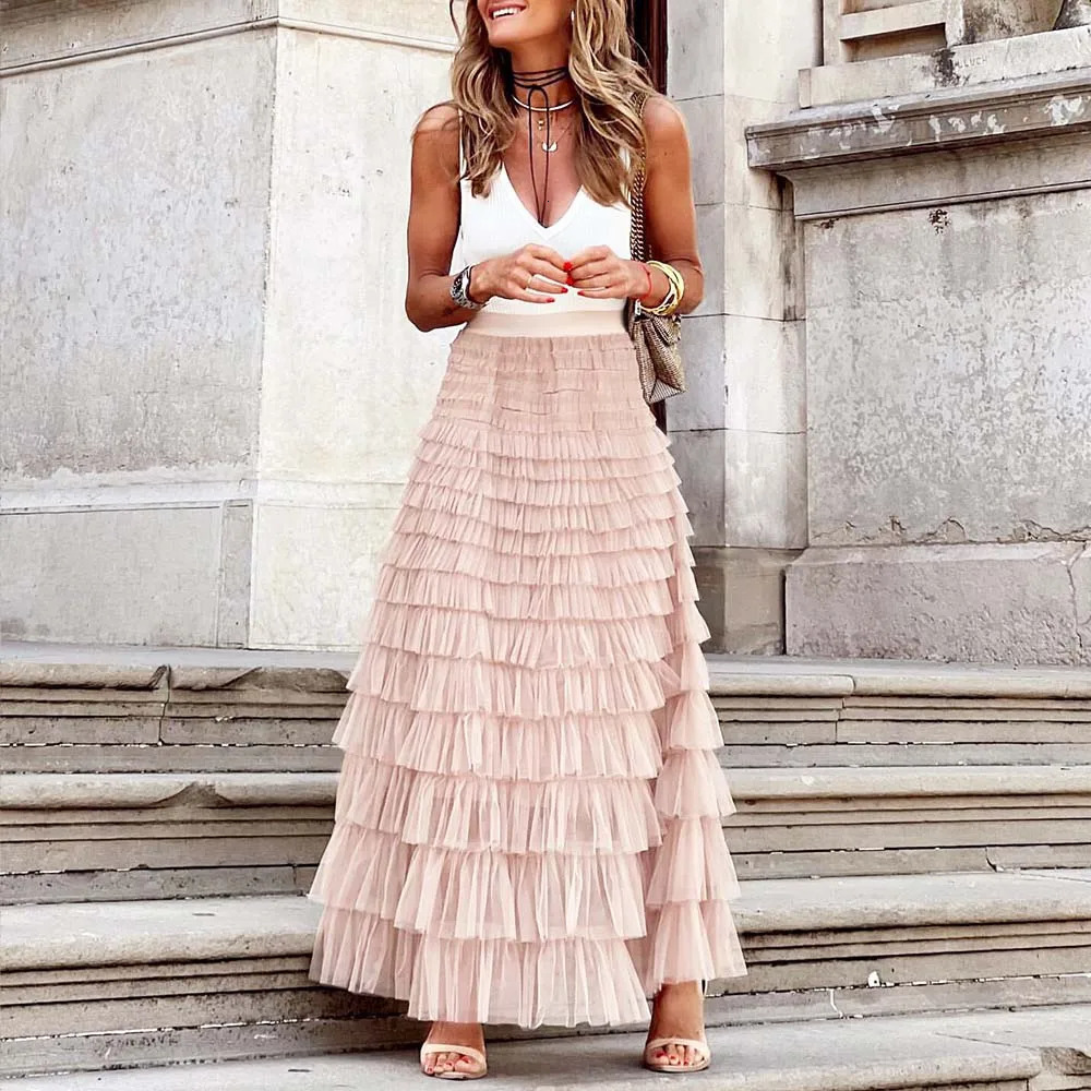Casual Womens Solid Ball Gown Long Skirt Tulle High Waist Pleated Elegant Ladies Wild Mesh Dating Maxi Skirts Drop 240506