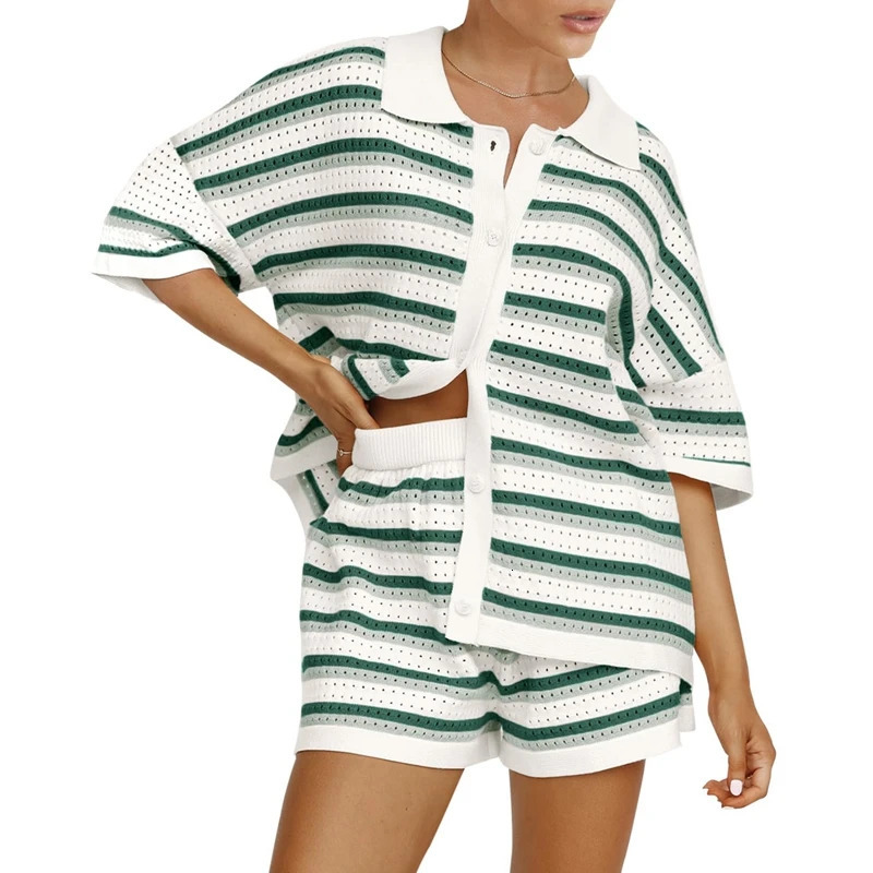 Women Casual 2 Pieces Set Loungewear Matching Suits Stripe Contrast Color Button Crochet Knit Blouse Tops Shorts Outfits 240423