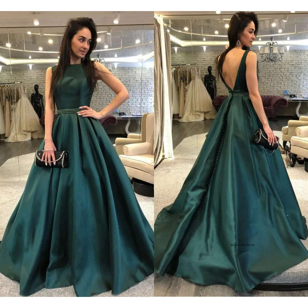 2019 Classic Sexy Backless Prom With Beaded Party Dark Green Graceful Satin Gowns Bateau Evening Dresses Customize 0510